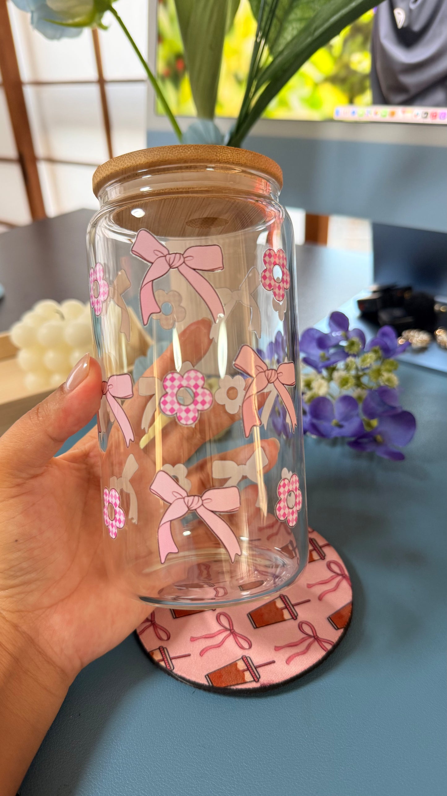 Pink Ribbon Glass Tumbler with Glass Straw | Reusable Aesthetic Drinkware