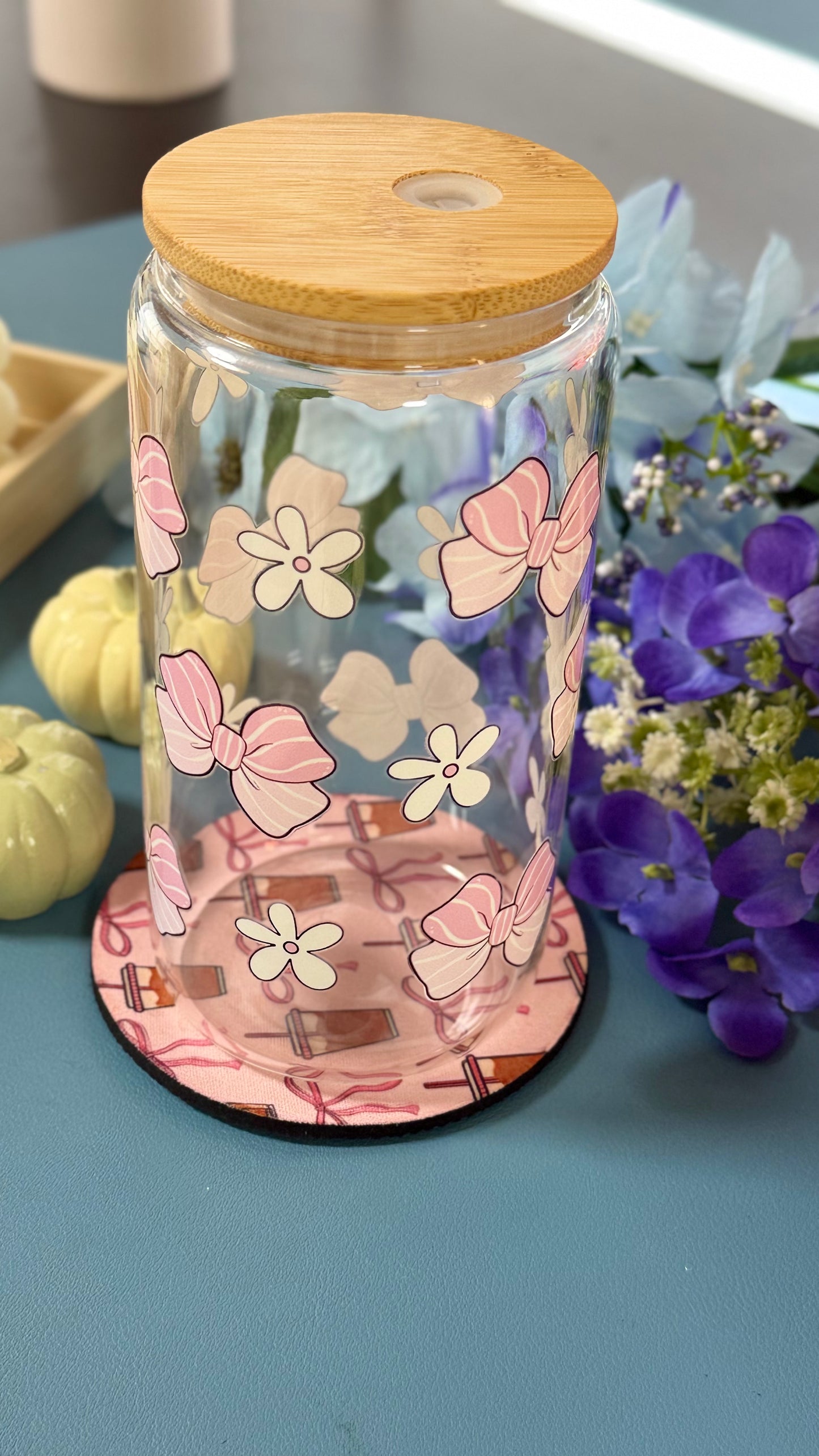 Pink Ribbon Glass Tumbler with Glass Straw | Reusable Aesthetic Drinkware