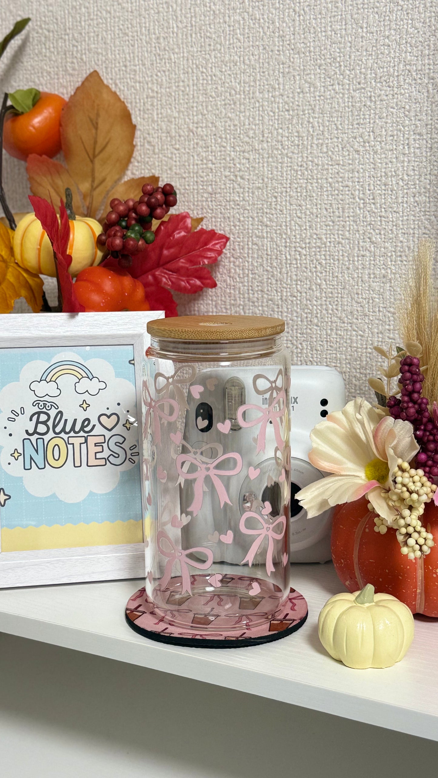 Pink Ribbon Glass Tumbler with Glass Straw | Reusable Aesthetic Drinkware