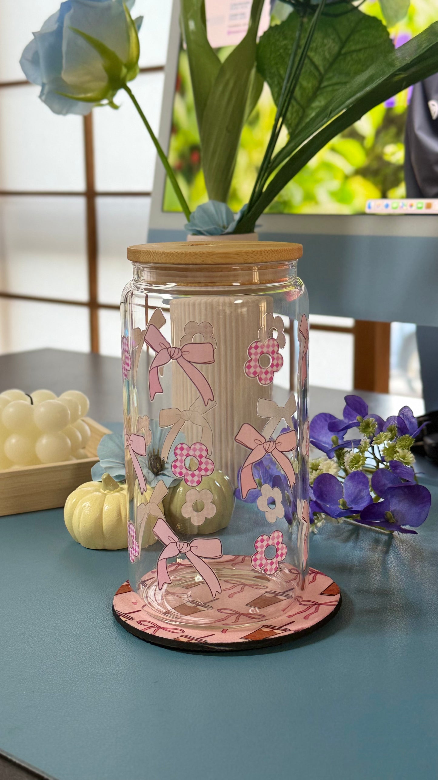 Pink Ribbon Glass Tumbler with Glass Straw | Reusable Aesthetic Drinkware