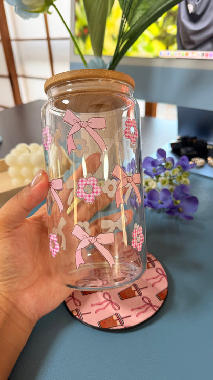 Pink Ribbon Glass Tumbler with Glass Straw | Reusable Aesthetic Drinkware