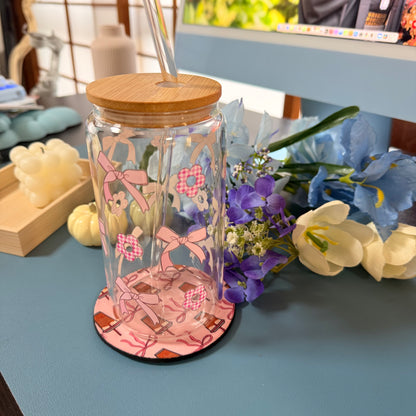 Pink Ribbon Glass Tumbler with Glass Straw | Reusable Aesthetic Drinkware