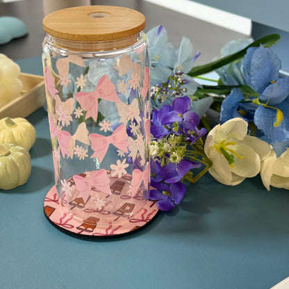 Pink Ribbon Glass Tumbler with Glass Straw | Reusable Aesthetic Drinkware