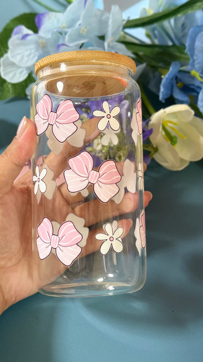 Pink Ribbon Glass Tumbler with Glass Straw | Reusable Aesthetic Drinkware