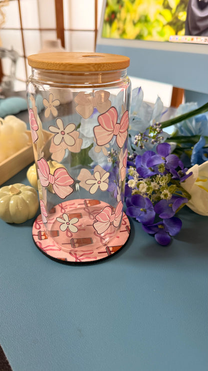 Pink Ribbon Glass Tumbler with Glass Straw | Reusable Aesthetic Drinkware
