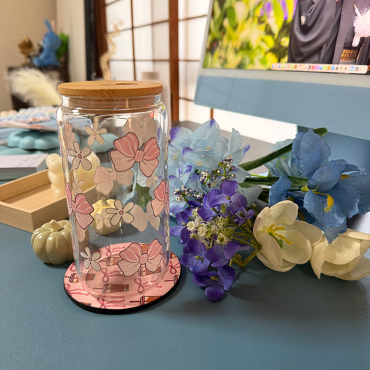Pink Ribbon Glass Tumbler with Glass Straw | Reusable Aesthetic Drinkware