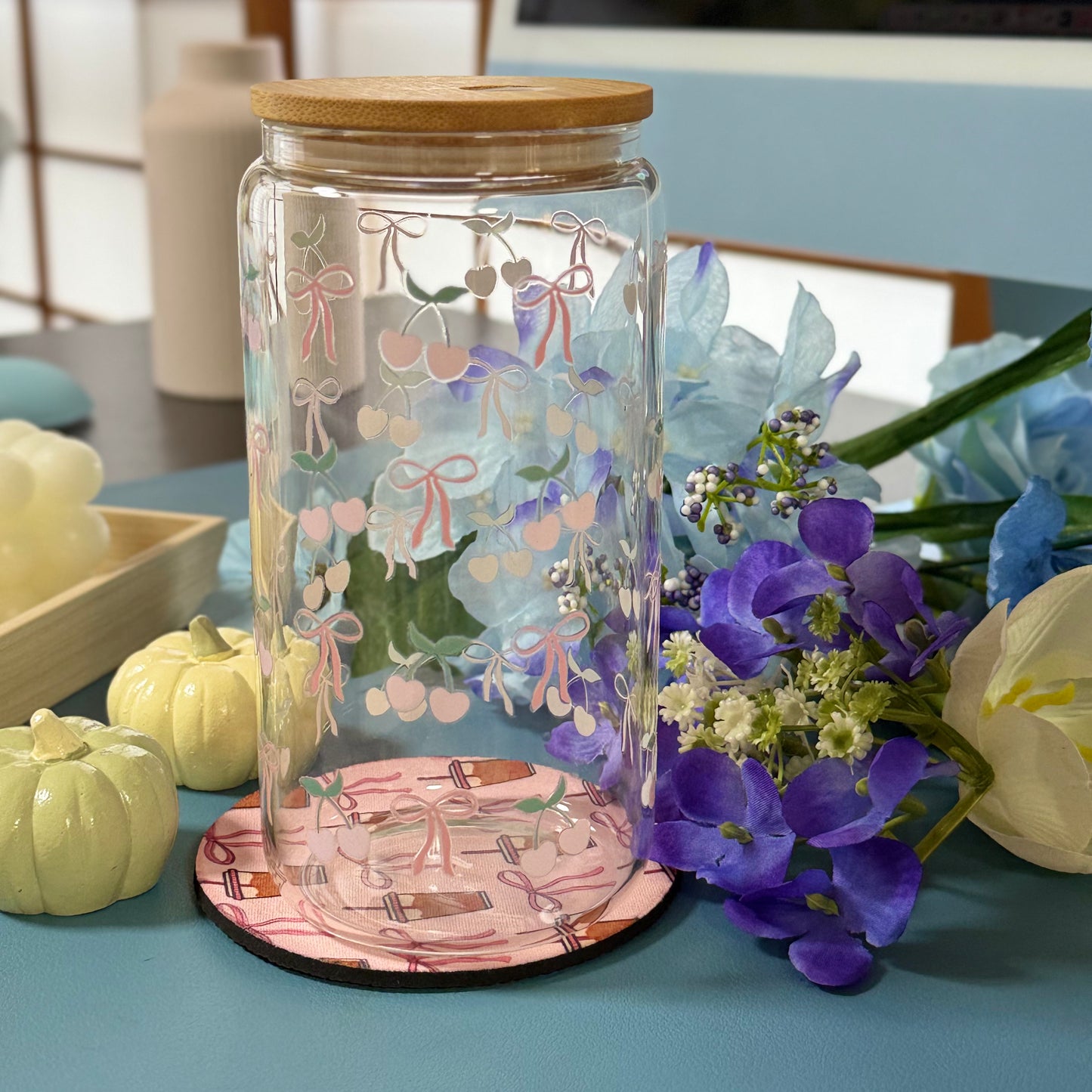 Pink Ribbon Glass Tumbler with Glass Straw | Reusable Aesthetic Drinkware