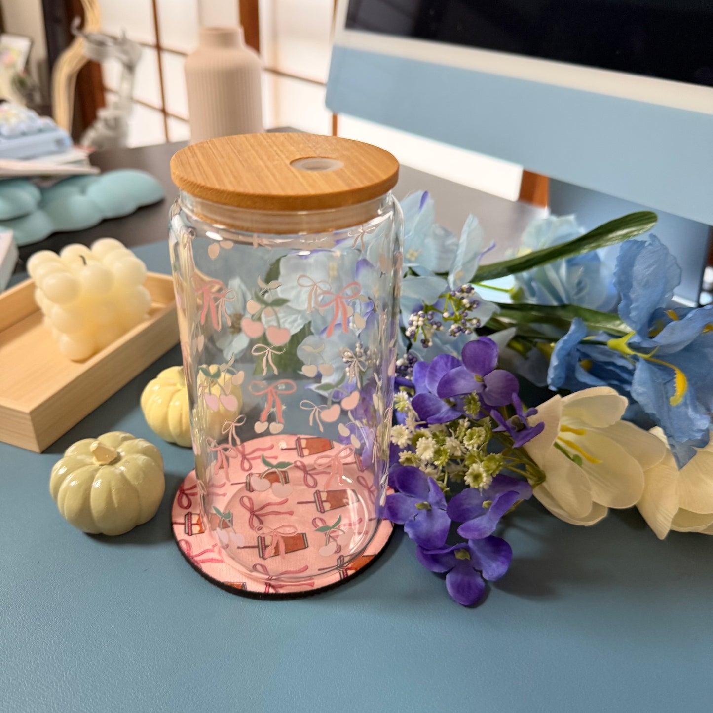 Pink Ribbon Glass Tumbler with Glass Straw | Reusable Aesthetic Drinkware