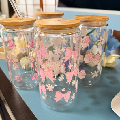 Pink Ribbon Glass Tumbler with Glass Straw | Reusable Aesthetic Drinkware