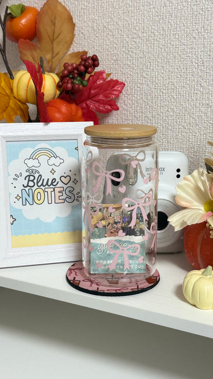 Pink Ribbon Glass Tumbler with Glass Straw | Reusable Aesthetic Drinkware