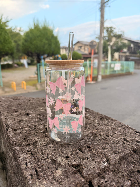 16 oz Pink ribbon floral glass cup