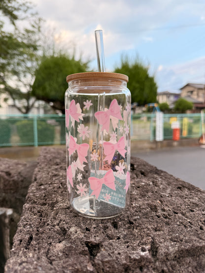 16 oz Pink ribbon floral glass cup