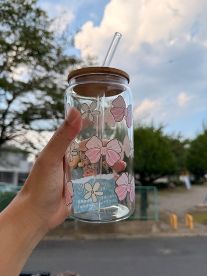16 oz Pink ribbon white floral glass cup