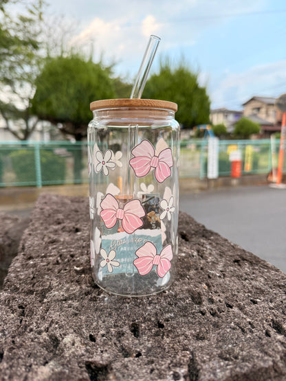 16 oz Pink ribbon white floral glass cup