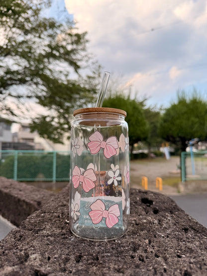 16 oz Pink ribbon white floral glass cup