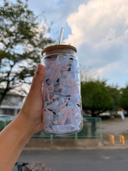 16 oz Pink ribbon with hearts glass cup