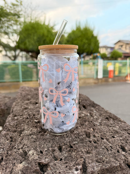 16 oz Pink ribbon with hearts glass cup