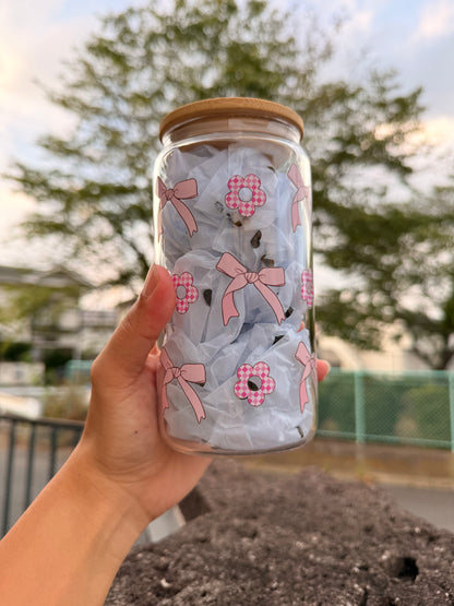16 oz Pink ribbons and flowers glass cup