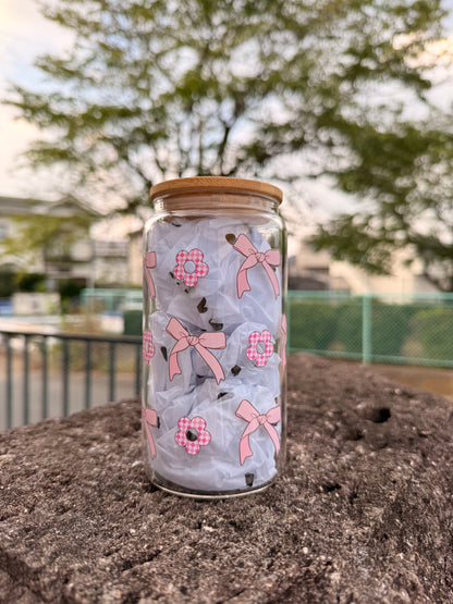 16 oz Pink ribbons and flowers glass cup