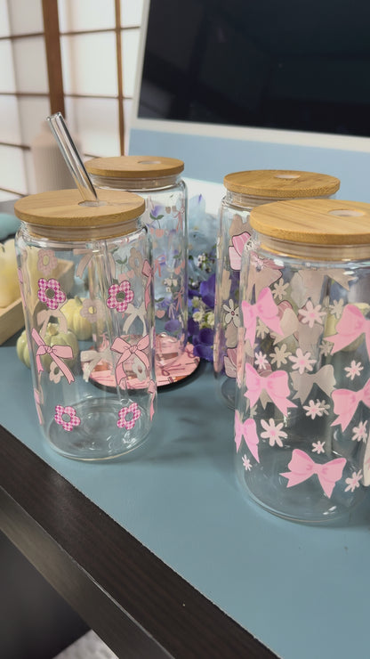 Pink Ribbon Glass Tumbler with Glass Straw | Reusable Aesthetic Drinkware