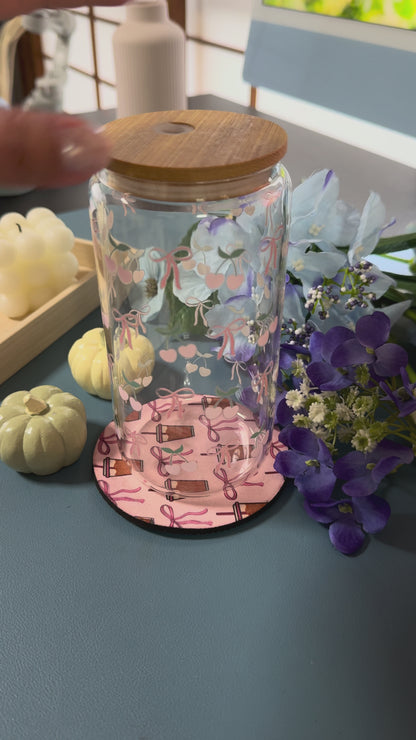 Pink Ribbon Glass Tumbler with Glass Straw | Reusable Aesthetic Drinkware