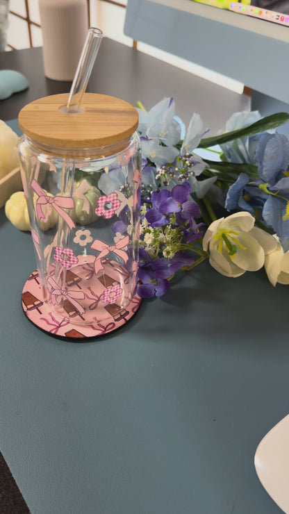 Pink Ribbon Glass Tumbler with Glass Straw | Reusable Aesthetic Drinkware