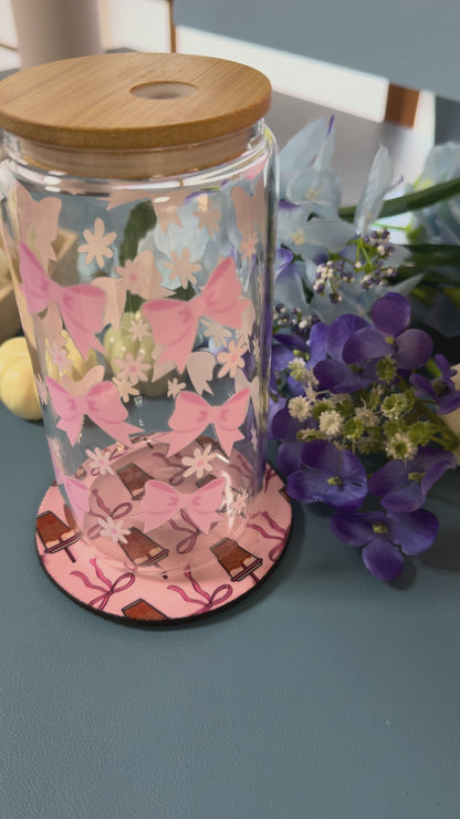 Pink Ribbon Glass Tumbler with Glass Straw | Reusable Aesthetic Drinkware